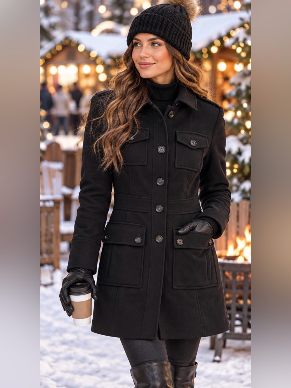 Banana Republic Black Italian Fabric Military Wool Coat - size: Petite Small